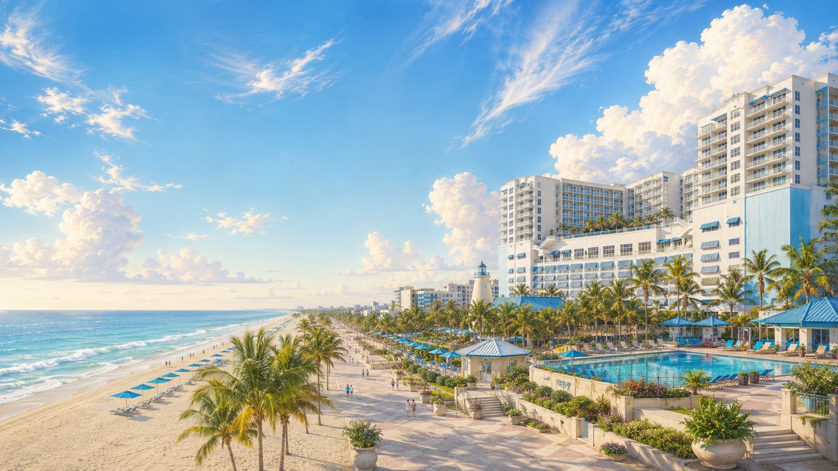 Illustrated view of Margaritaville Beach Resort on the Hollywood Beach Broadwalk — beach, pool, and lighthouse under a blue sky