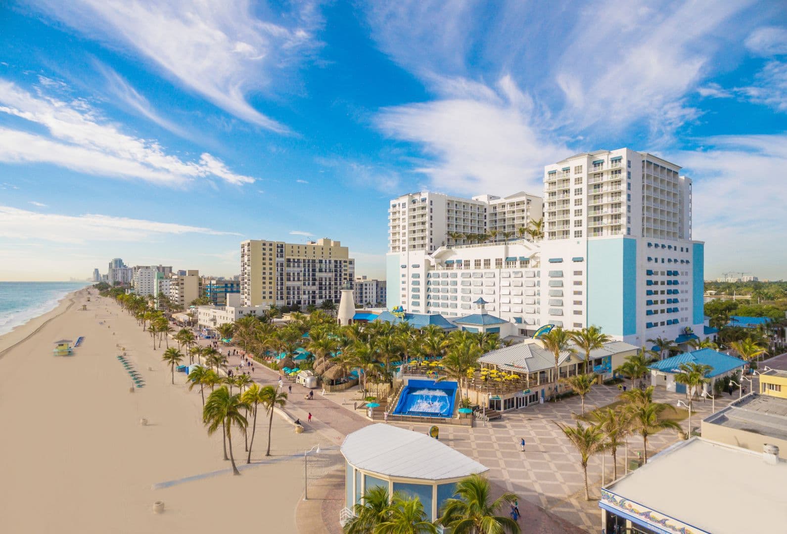 Aerial view of Margaritaville Beach Resort between the beach and the Broadwalk, Hollywood, Florida